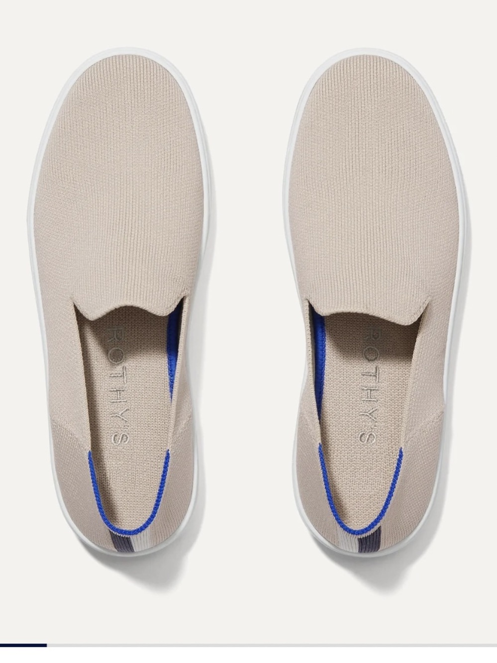 Rothy's Slip-On Sneakers in Light Grey with Blue Trim